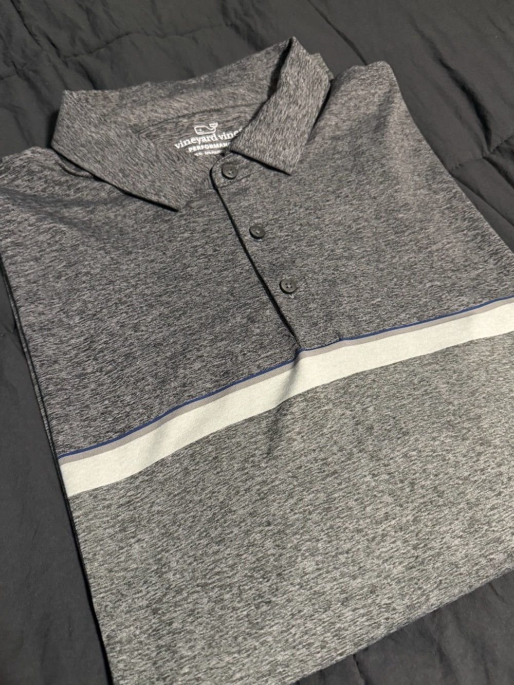 Vineyard Vines Men's Heather Grey Performance Polo with White & Blue Stripe XXL